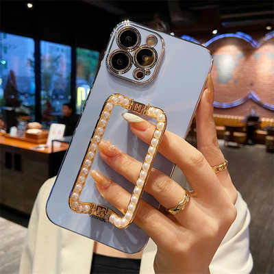 Κορέα 3D Pearl Square Holder επιχρυσωμένη θήκη τηλεφώνου για iphone 14 12 Pro Max Mini 11 13 Pro X XS XR 6 S 7 8 Plus 12Pro SE Κάλυμμα