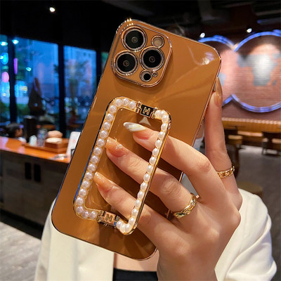 Κορέα 3D Pearl Square Holder επιχρυσωμένη θήκη τηλεφώνου για iphone 14 12 Pro Max Mini 11 13 Pro X XS XR 6 S 7 8 Plus 12Pro SE Κάλυμμα
