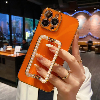 Κορέα 3D Pearl Square Holder επιχρυσωμένη θήκη τηλεφώνου για iphone 14 12 Pro Max Mini 11 13 Pro X XS XR 6 S 7 8 Plus 12Pro SE Κάλυμμα