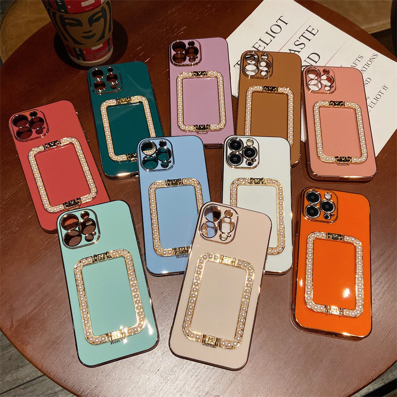 Korea 3D Pearl Square Holder Позлатен калъф за телефон за iphone 14 12 Pro Max MiNi 11 13 Pro X XS XR 6 S 7 8 Plus 12Pro SE Cover