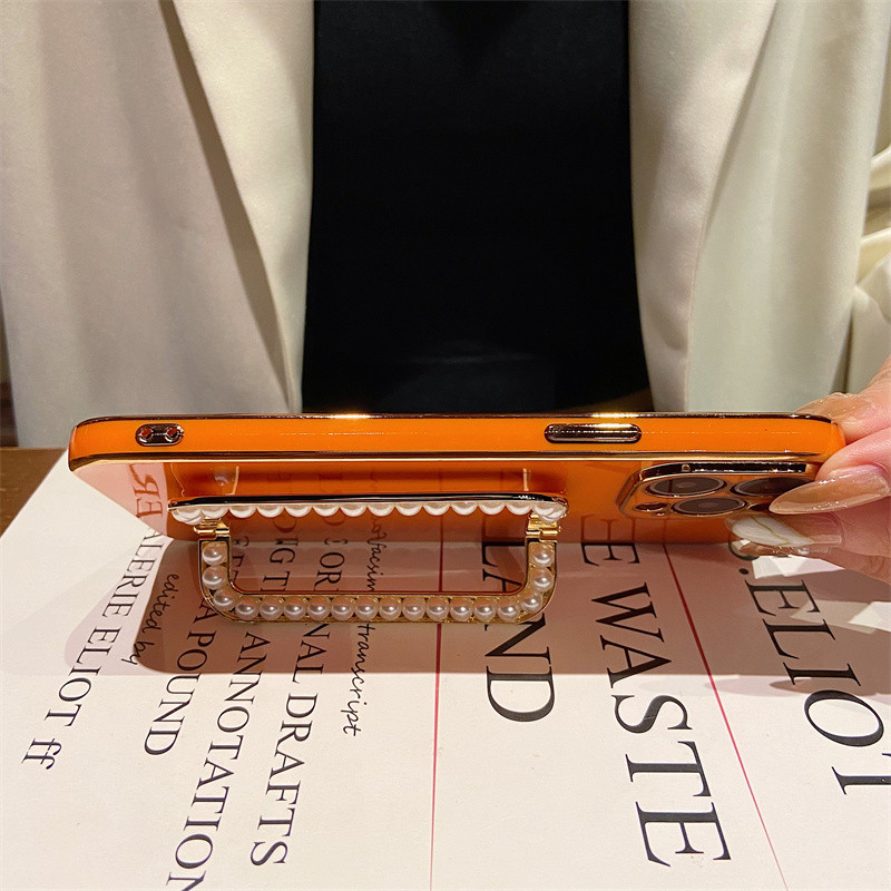 Korea 3D Pearl Square Holder Позлатен калъф за телефон за iphone 14 12 Pro Max MiNi 11 13 Pro X XS XR 6 S 7 8 Plus 12Pro SE Cover