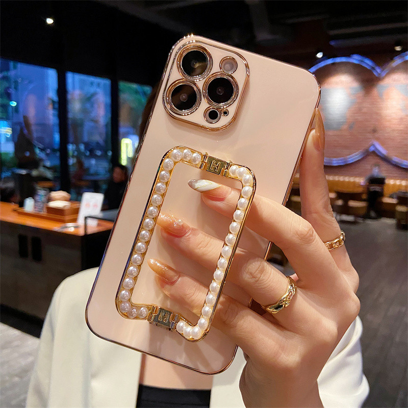 Korea 3D Pearl Square Holder Позлатен калъф за телефон за iphone 14 12 Pro Max MiNi 11 13 Pro X XS XR 6 S 7 8 Plus 12Pro SE Cover