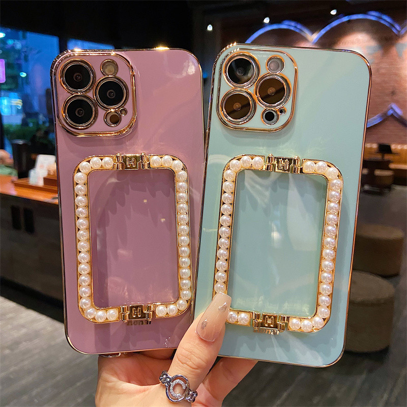 Korea 3D Pearl Square Holder Позлатен калъф за телефон за iphone 14 12 Pro Max MiNi 11 13 Pro X XS XR 6 S 7 8 Plus 12Pro SE Cover