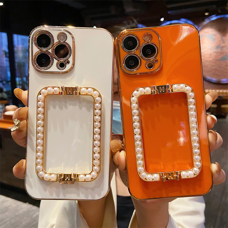 Korea 3D Pearl Square Holder Позлатен калъф за телефон за iphone 14 12 Pro Max MiNi 11 13 Pro X XS XR 6 S 7 8 Plus 12Pro SE Cover