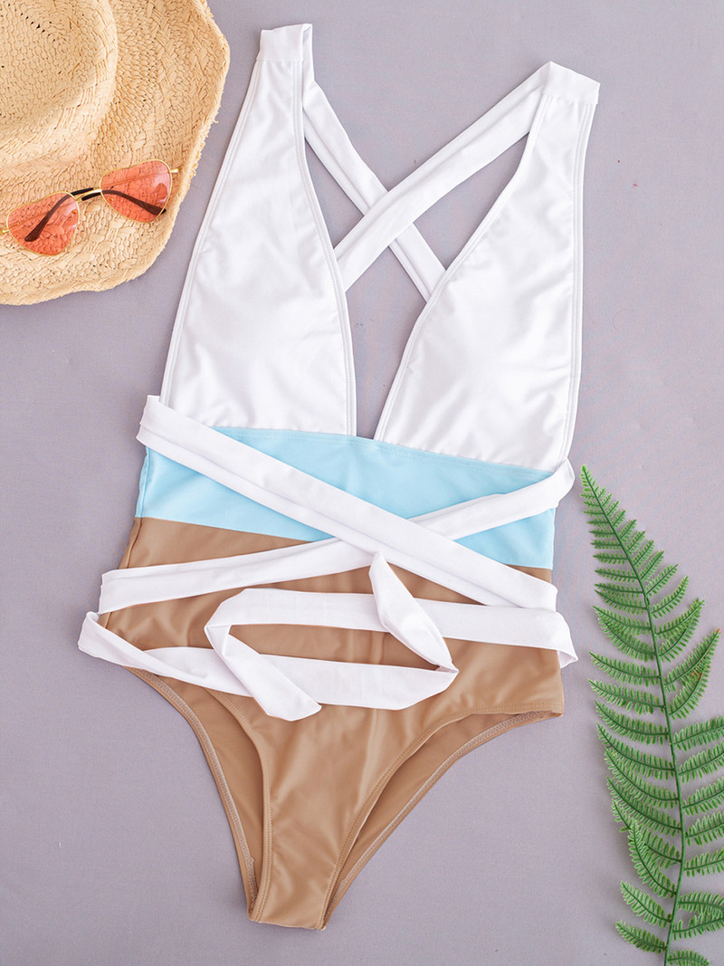 Tekerje körbe Splicing Deep V nyakú egyrészes fürdőruha női fürdőruha Monokini párnázott fürdőruha Swim Lady V3472