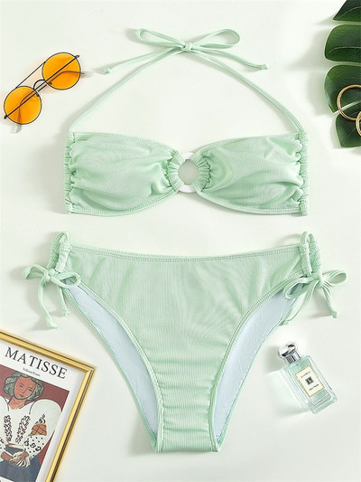 Zrtak Halter Bikini Szexi Fűzős fürdőruha Női O-gyűrű Patchwork fürdőruha Ruche Biquini Feminino Nyári Strandruha