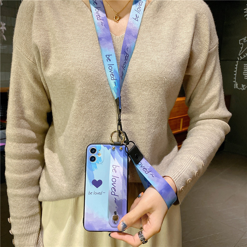 Θήκη θήκης τηλεφώνου Neck Lanyard Gradient Wrist Strap για iPhone 12 13 Pro Max 14 Plus SE 2 X XR XS 7 8 Plus 11 Love Fashion Cover