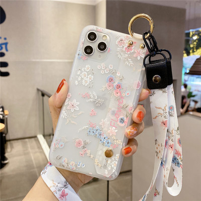 Θήκη 3D λουλουδιών για iPhone 14 11 12 13 Pro Max X XR XS Max 7 8 Plus SE 2020 Κάλυμμα τηλεφώνου από μαλακή σιλικόνη με κορδόνι καρπού