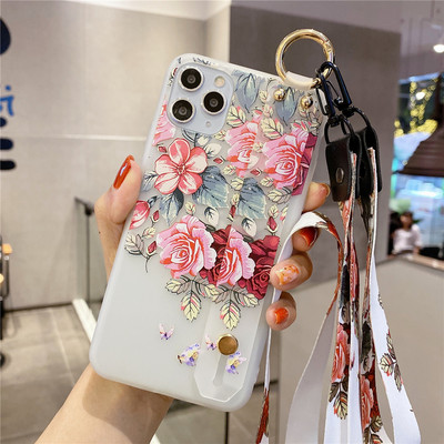 Θήκη 3D λουλουδιών για iPhone 14 11 12 13 Pro Max X XR XS Max 7 8 Plus SE 2020 Κάλυμμα τηλεφώνου από μαλακή σιλικόνη με κορδόνι καρπού