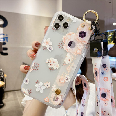 Θήκη 3D λουλουδιών για iPhone 14 11 12 13 Pro Max X XR XS Max 7 8 Plus SE 2020 Κάλυμμα τηλεφώνου από μαλακή σιλικόνη με κορδόνι καρπού