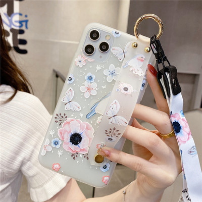 Θήκη 3D λουλουδιών για iPhone 14 11 12 13 Pro Max X XR XS Max 7 8 Plus SE 2020 Κάλυμμα τηλεφώνου από μαλακή σιλικόνη με κορδόνι καρπού