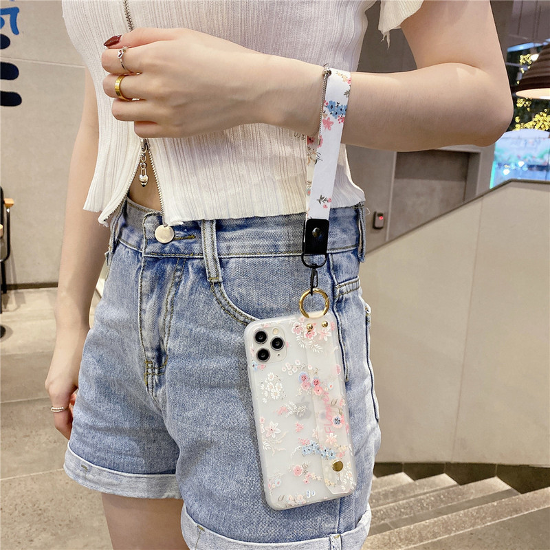 Θήκη 3D λουλουδιών για iPhone 14 11 12 13 Pro Max X XR XS Max 7 8 Plus SE 2020 Κάλυμμα τηλεφώνου από μαλακή σιλικόνη με κορδόνι καρπού