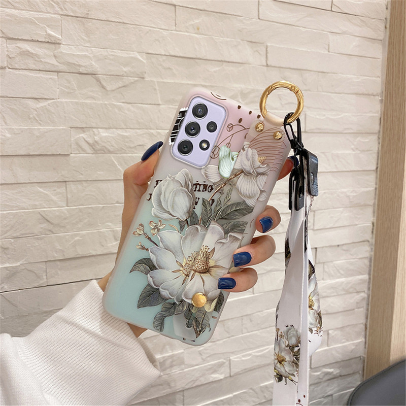 3D калъф с каишка за китка с цветя за Samsung Galaxy A52 A72 A50 A51 A70 A71 A13 A53 A33 A73 A12 A10 A20 A30 Мек силиконов капак
