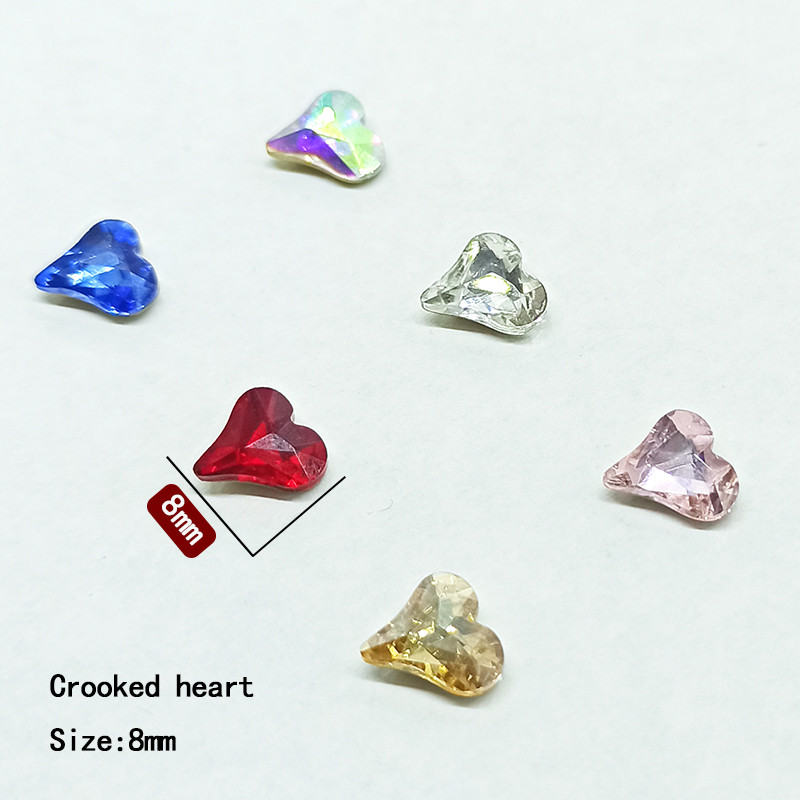 Nagų dailė Kalnų krištolas smailia apačia kreiva širdis klasikinis krištolinio stiklo modeliavimas 8 mm 3D nagų puošimas „pasidaryk pats“
