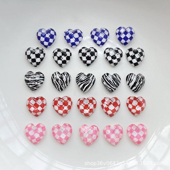 Класически черно-бяло сърце за нокти с блясък от кристали Плоска 3D шахматна дъска Орнаментни декорации за нокти Направи си сам (50 БР.)