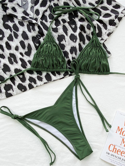 Szexi kötőfék, redőzött, bélelt bikini női fürdőruha Női fürdőruha Kétrészes bikini szett fürdőruha úszó V3393B