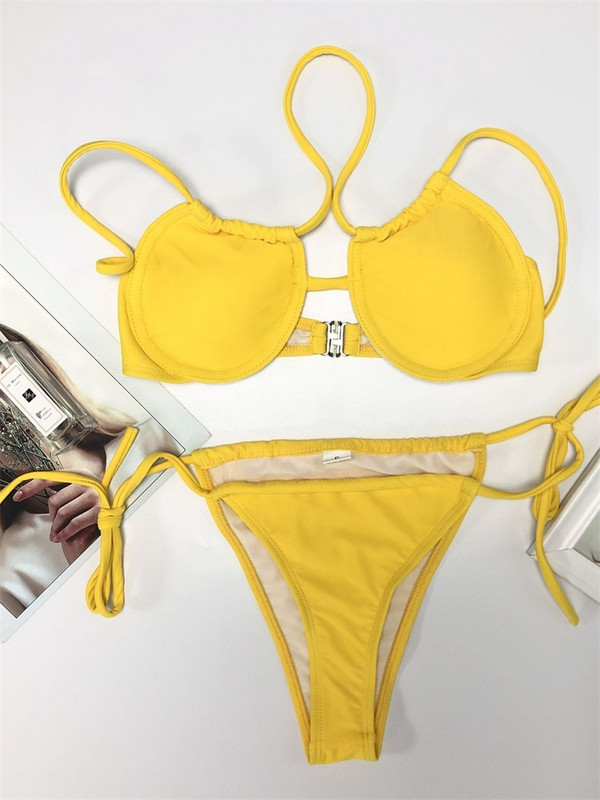 Zrtak Push Up Fürdőruha Tanga Bikini Halter fürdőruha Női String fürdőruha Bandage Biquini Feminino Nyári Strandruha Solid