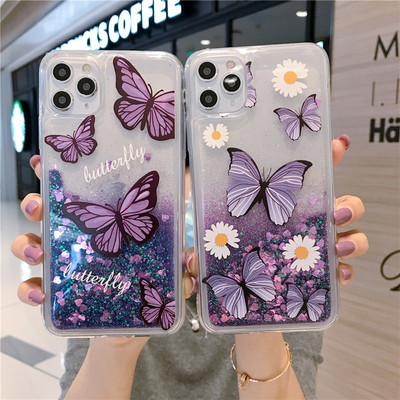 Меки калъфи за телефон Butterfly плаващи пясъци за iphone 11 pro case glitter love heart fluid 12 13 cover 14 iphone 8 7 Plus xs max xr x