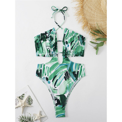 Imprimat Halter Decupat Plisat Ruchet Costum de baie pentru femeie Costum de baie dintr-o bucată Monokini pentru femeie cu croiala înaltă Costum de baie pentru baie V3964