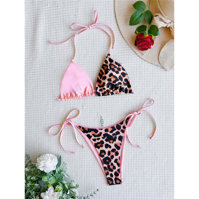 Szexi Leopard Splicing Halter Bikini Női fürdőruha Női fürdőruha Kétrészes bikini szett fürdőruha Swim Lady V3736L