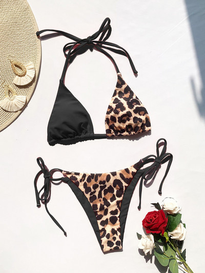 Szexi Leopard Splicing Halter Bikini Női fürdőruha Női fürdőruha Kétrészes bikini szett fürdőruha Swim Lady V3736L