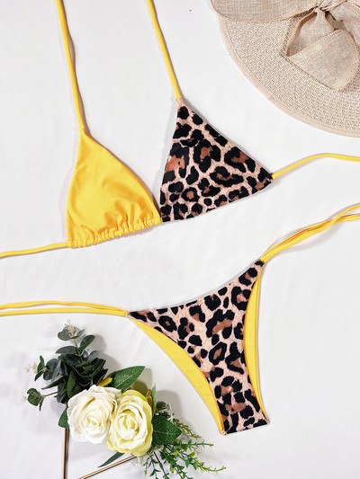 Szexi Leopard Splicing Halter Bikini Női fürdőruha Női fürdőruha Kétrészes bikini szett fürdőruha Swim Lady V3736L
