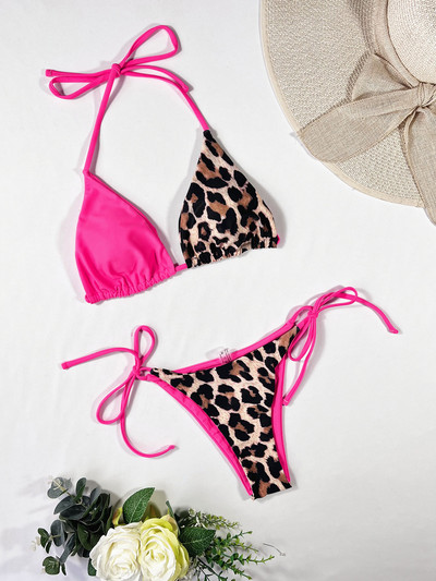Szexi Leopard Splicing Halter Bikini Női fürdőruha Női fürdőruha Kétrészes bikini szett fürdőruha Swim Lady V3736L