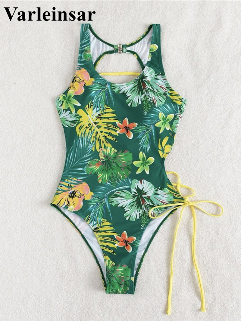 5 színű aszimmetrikus, fűzős, nyomott női fürdőruha egyrészes női fürdőruha, magas lábra vágott virágos fürdőruha úszó V4151