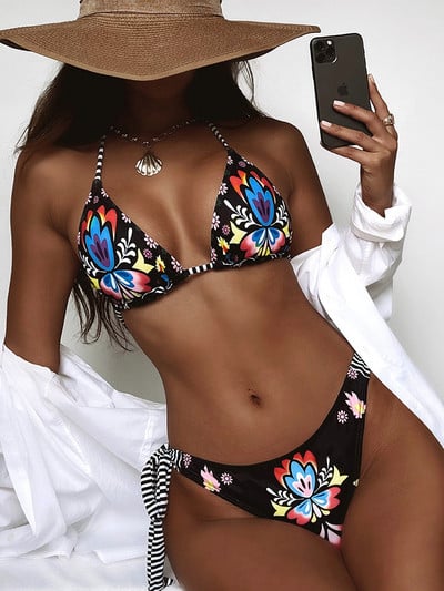 ZRTAK εμπριμέ μαγιό τρίγωνο μπικίνι γυναικεία κορδόνια μπικίνι βραζιλιάνικο μαγιό χαμηλής μέσης Σέξι ρούχα παραλίας