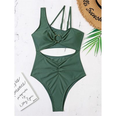 Novi asimetrični izrezani monokini ženski kupaći kostim Jednodijelni kupaći kostim Ženski kupaći kostim s naboranim metalnim prstenom Swim Lady V3947