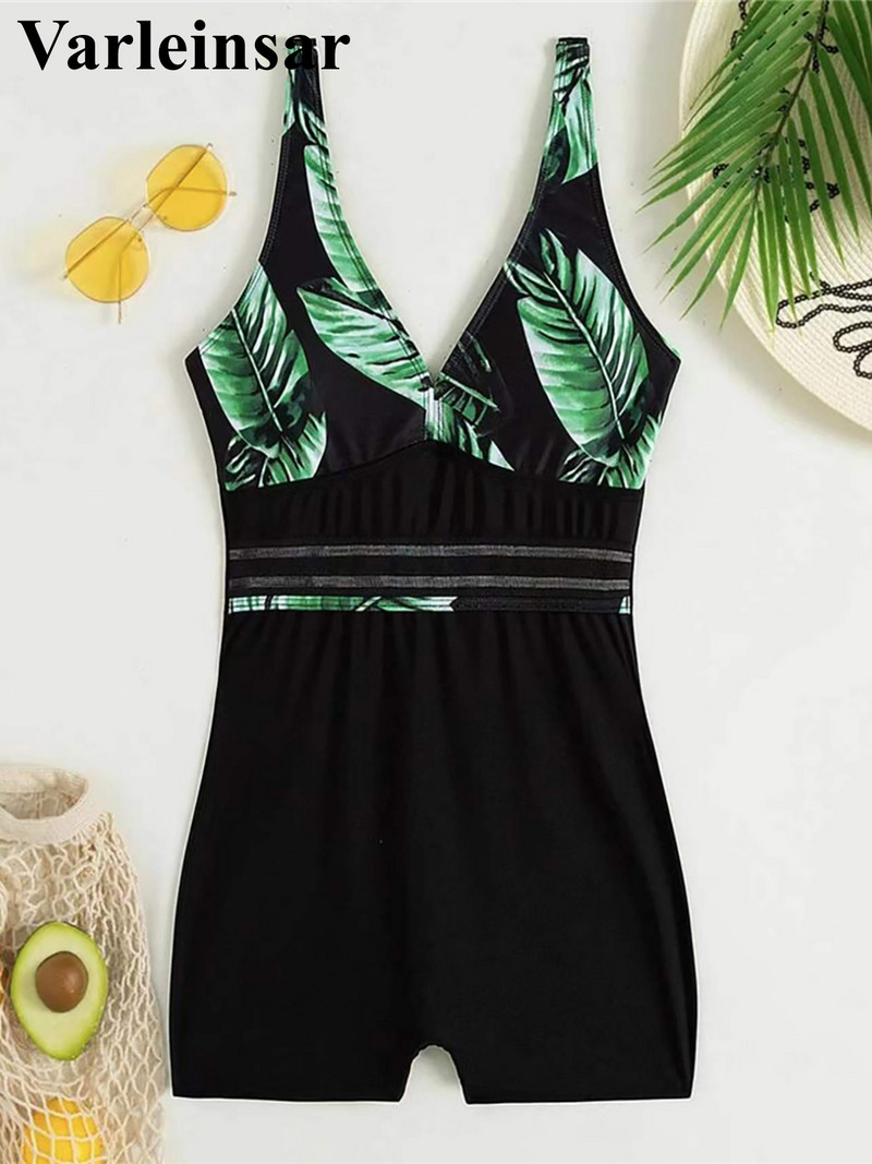 Нови къси панталони с щампи с V-образно деколте и листа, цял бански костюм, дамски бански костюм, дамски монокини, подплатени бански костюми за къпене Swim Lady V4142