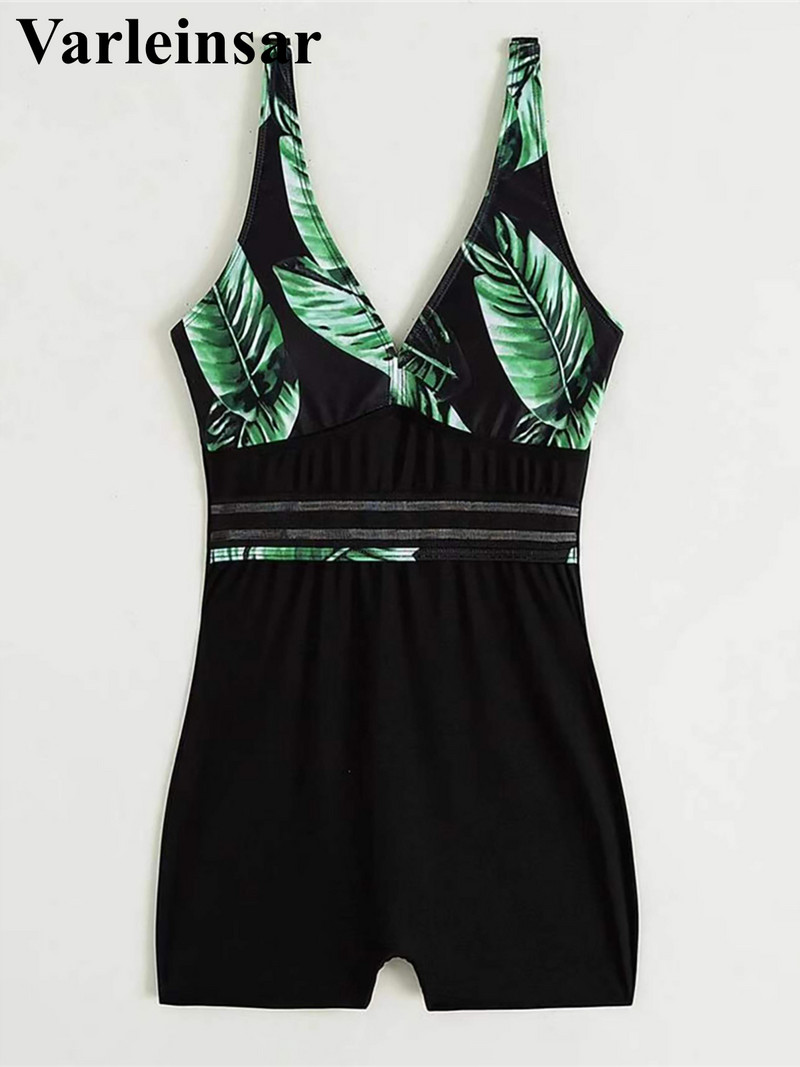 Нови къси панталони с щампи с V-образно деколте и листа, цял бански костюм, дамски бански костюм, дамски монокини, подплатени бански костюми за къпене Swim Lady V4142