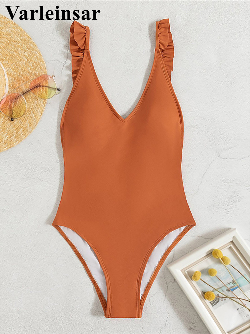 Sieviešu peldkostīms viengabalains sieviešu peldkostīms ar V kakla izgriezumu, volānveida bantīti bez aizmugures, peldkostīms peldkostīms peldēšanai V4035
