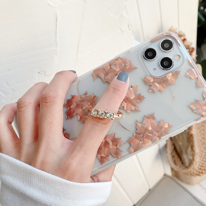 Trendovsko ružičasto pozlaćeno aluminijsko čisto kućište za iPhone 14 13 11 12 Pro Xs Max XR SE2 SE3 7 8 Plus Maple Leaf Ring Cover Držač