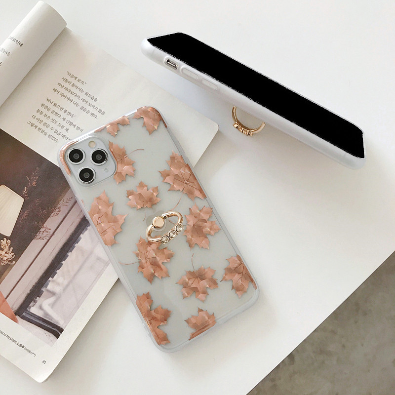 Trendovsko ružičasto pozlaćeno aluminijsko čisto kućište za iPhone 14 13 11 12 Pro Xs Max XR SE2 SE3 7 8 Plus Maple Leaf Ring Cover Držač