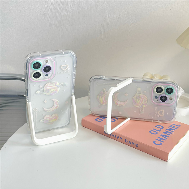 INS Dream Planet White Bracket Laikiklio telefono dėklas skirtas iPhone 13 12 11 Pro Max 13 Pro 14 Plus Paslėptas stovas skaidrus smūgiams atsparus dangtelis