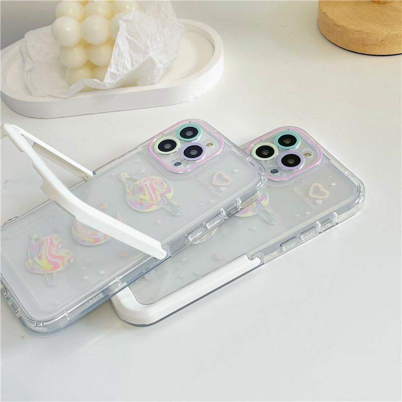 INS Dream Planet White Bracket Laikiklio telefono dėklas skirtas iPhone 13 12 11 Pro Max 13 Pro 14 Plus Paslėptas stovas skaidrus smūgiams atsparus dangtelis