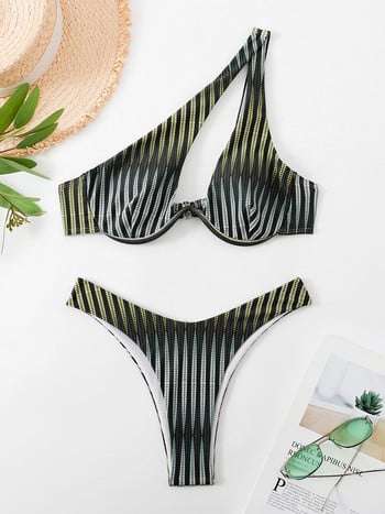 ZRTAK One Shoulder Bikinis ριγέ γυναικεία μαγιό 2022 Καλοκαιρινό beachwear κούφιο μαγιό εκτύπωσης Σέξι σετ μπικίνι