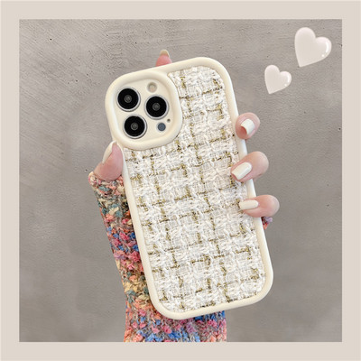 Madingas rudens žiemos siuvinėjimo audinys pliušinis telefono dėklas, skirtas iPhone 11 12 13 14 Pro Max 13 14Plus Tweed Fuzzy Lattice minkštas dangtelis