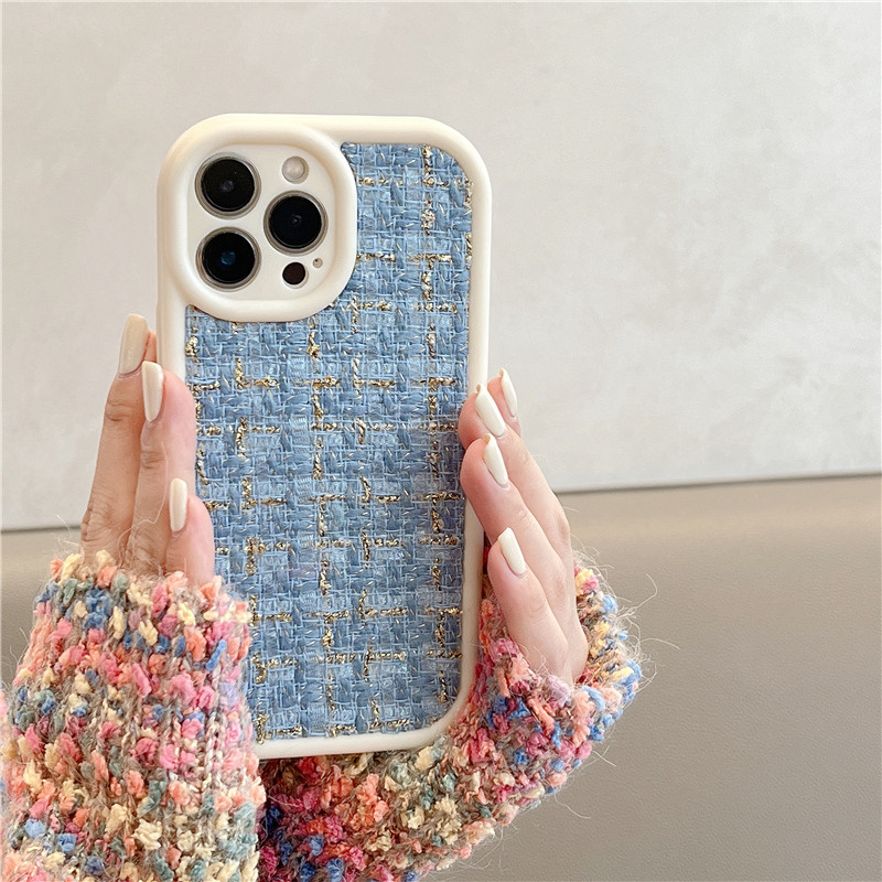 Madingas rudens žiemos siuvinėjimo audinys pliušinis telefono dėklas, skirtas iPhone 11 12 13 14 Pro Max 13 14Plus Tweed Fuzzy Lattice minkštas dangtelis
