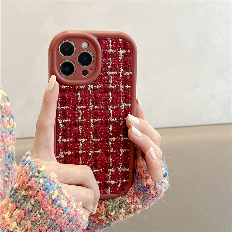 Madingas rudens žiemos siuvinėjimo audinys pliušinis telefono dėklas, skirtas iPhone 11 12 13 14 Pro Max 13 14Plus Tweed Fuzzy Lattice minkštas dangtelis
