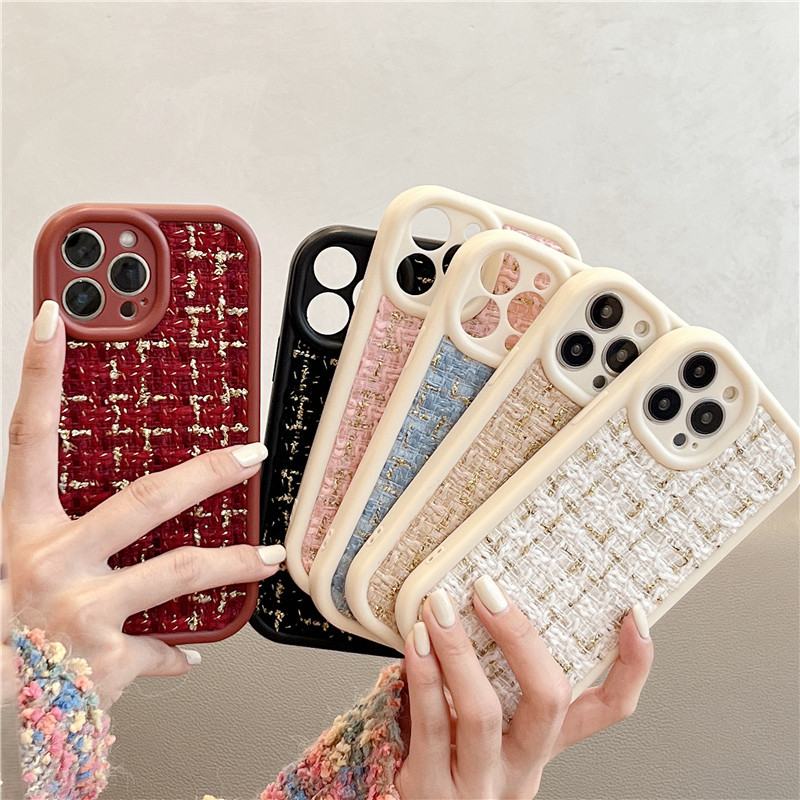 Madingas rudens žiemos siuvinėjimo audinys pliušinis telefono dėklas, skirtas iPhone 11 12 13 14 Pro Max 13 14Plus Tweed Fuzzy Lattice minkštas dangtelis