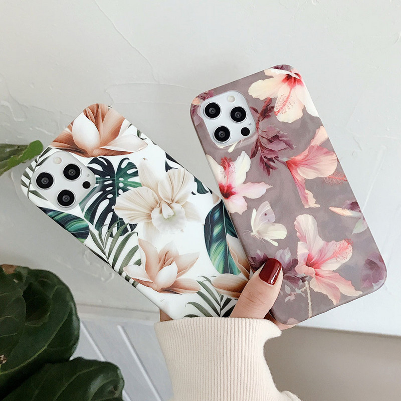 Ματ Floral Θήκη Για iPhone 14 12 mini 13 11 Pro Max XR XS Max X 7 8 Plus Soft TPU Tropical Leaf Flowers Κοριτσίστικες θήκες τηλεφώνου