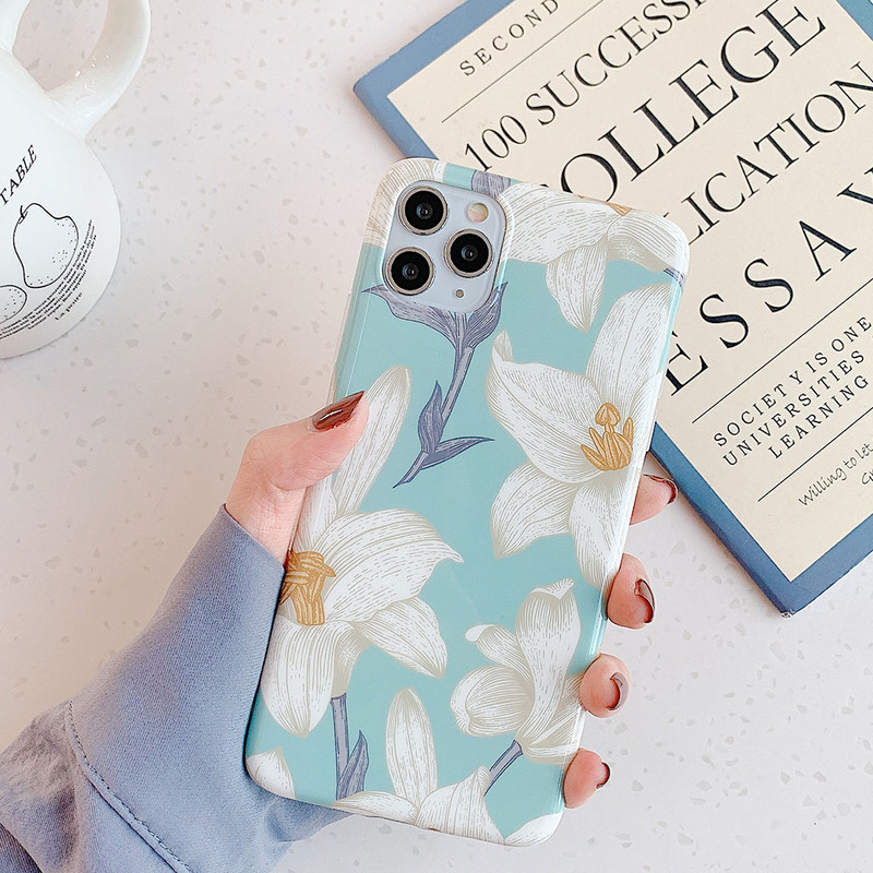 Винтидж калъф за телефон с цветя за iPhone 12 13 Pro Max 11 Pro Max XS Max XR X 7 8 Plus Калъфи с лале и лилия Мек IMD заден капак с листа