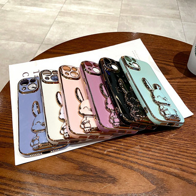 Луксозен сладък заек калъф за телефон за iPhone 11 12 13 14 Pro Max XS X XR 7 8 Plus SE 2020 Мини противоударен силиконов капак със стойка