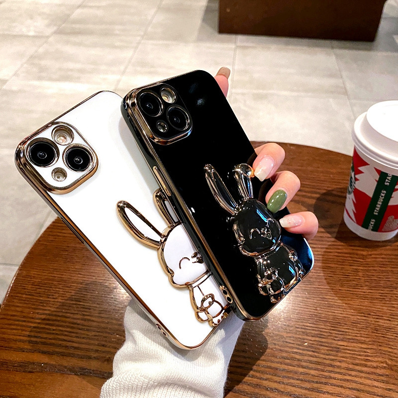 Prabangus mielas Rabbit telefono dėklas, skirtas iPhone 11 12 13 14 Pro Max XS X XR 7 8 Plus SE 2020 Mini smūgiams atsparus silikoninis stovo dangtelis