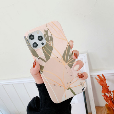 Θήκη Graffiti Leaves For iPhone 13 12 mini 11 Pro Max XR XS Max X 7 8 Plus Soft TPU Pink Tropical Leaf Case Phone Coque