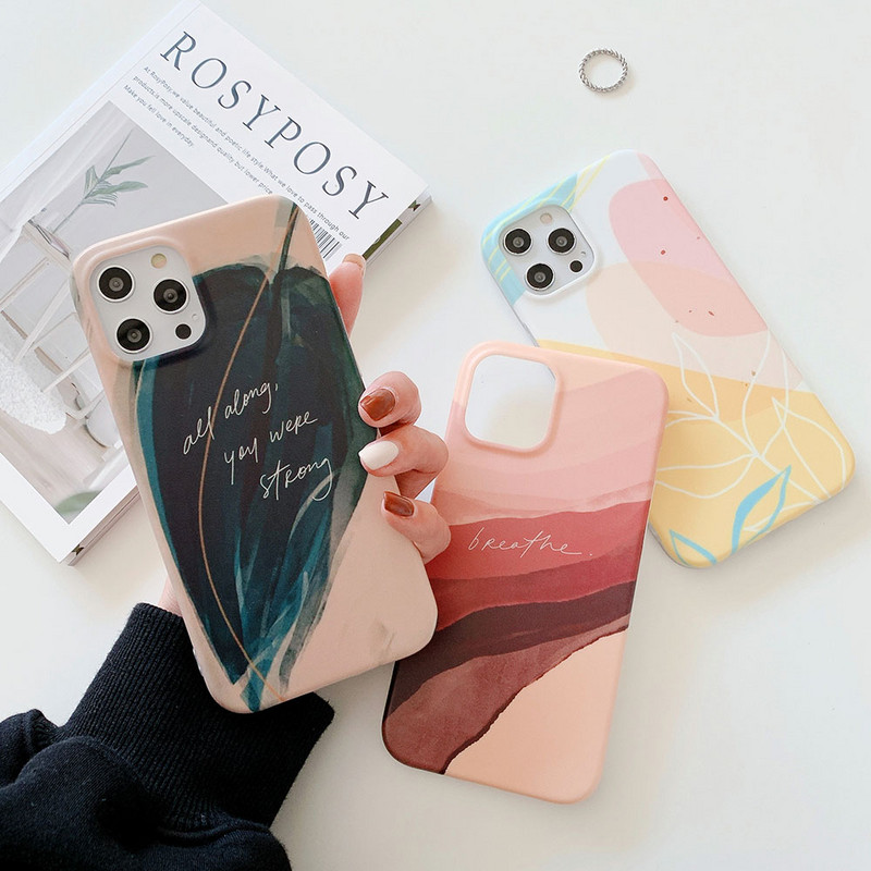 Θήκη Graffiti Leaves For iPhone 13 12 mini 11 Pro Max XR XS Max X 7 8 Plus Soft TPU Pink Tropical Leaf Case Phone Coque