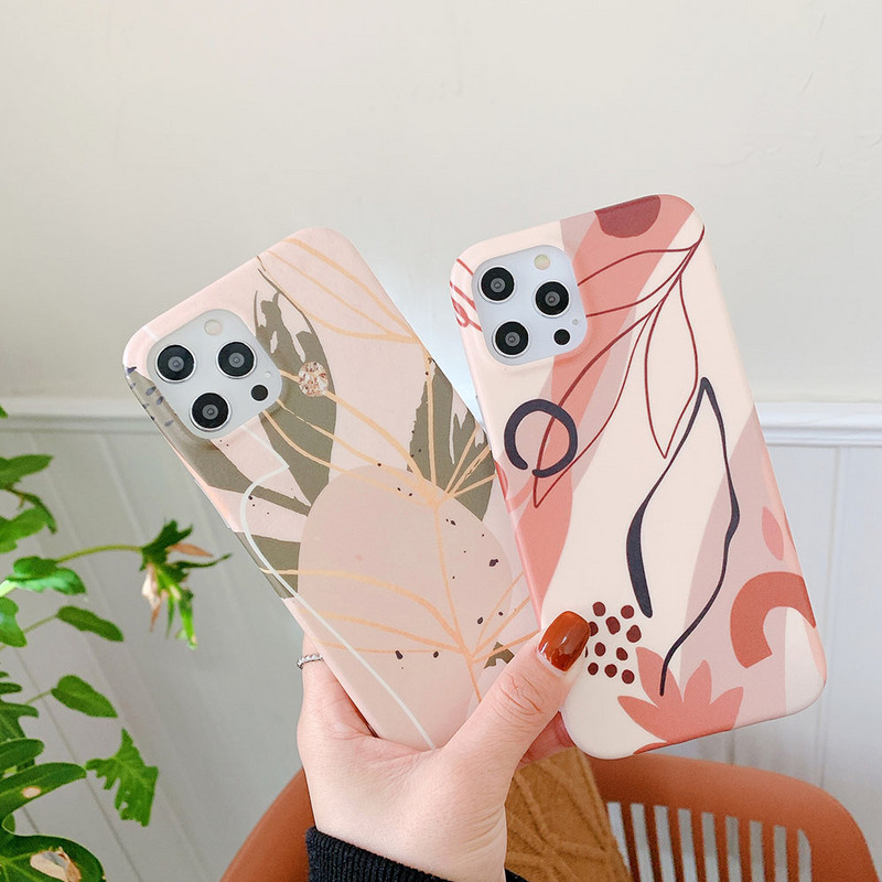 Θήκη Graffiti Leaves For iPhone 13 12 mini 11 Pro Max XR XS Max X 7 8 Plus Soft TPU Pink Tropical Leaf Case Phone Coque