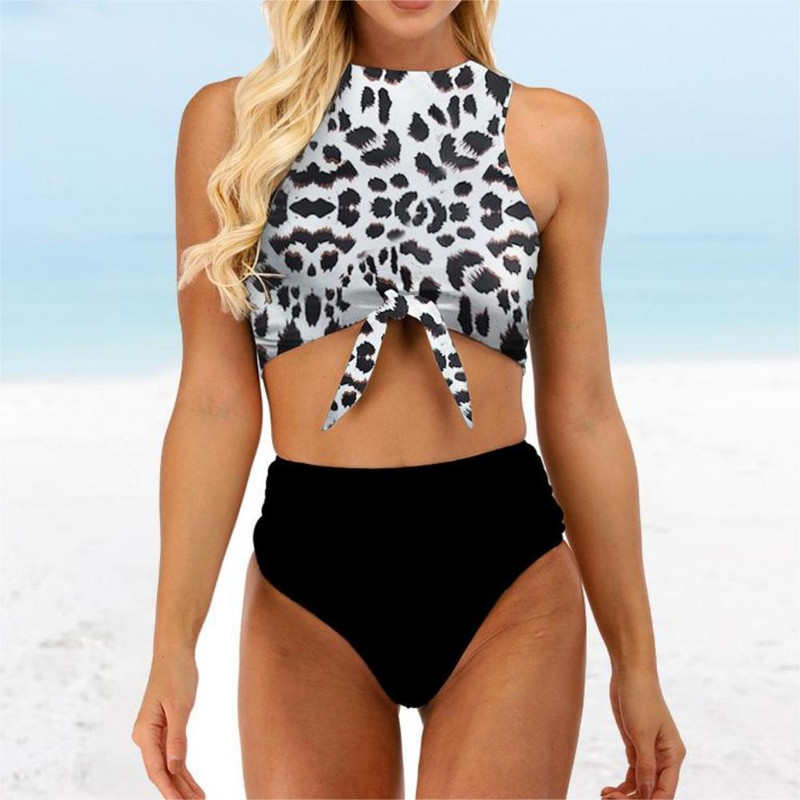 Seksualus priekyje kaklaraištis bikinis, 2022 m., moteriškas leopardinio rašto „push Up“ 2 dalių maudymosi kostiumėlis Retro maudymosi kostiumėliai aukštu juosmeniu maudymosi kostiumėliai Maillot De Bain